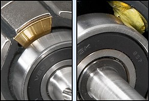 ClearPath motor's custom, brass balancing weights (left) are more precise and secure than balancing putty (right)