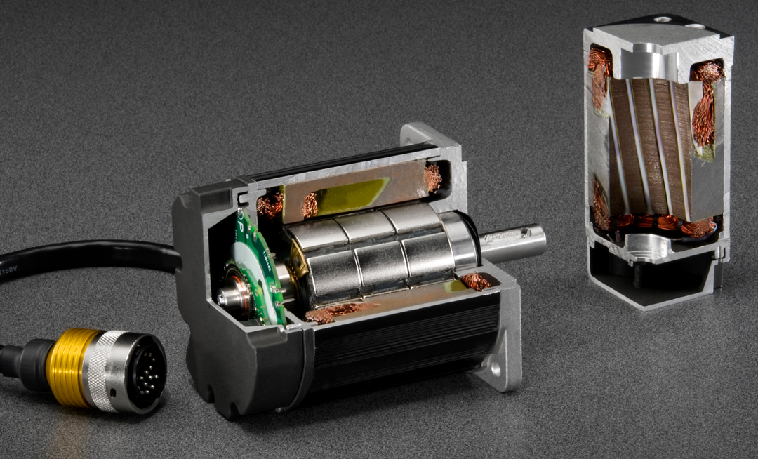 The inner workings and cross sectional view of an industrial brushless servomotor