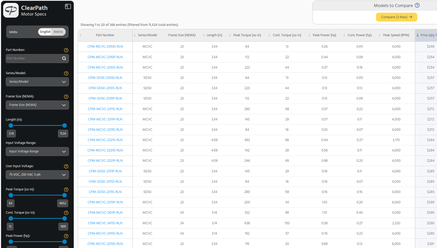 motor specs screenshot