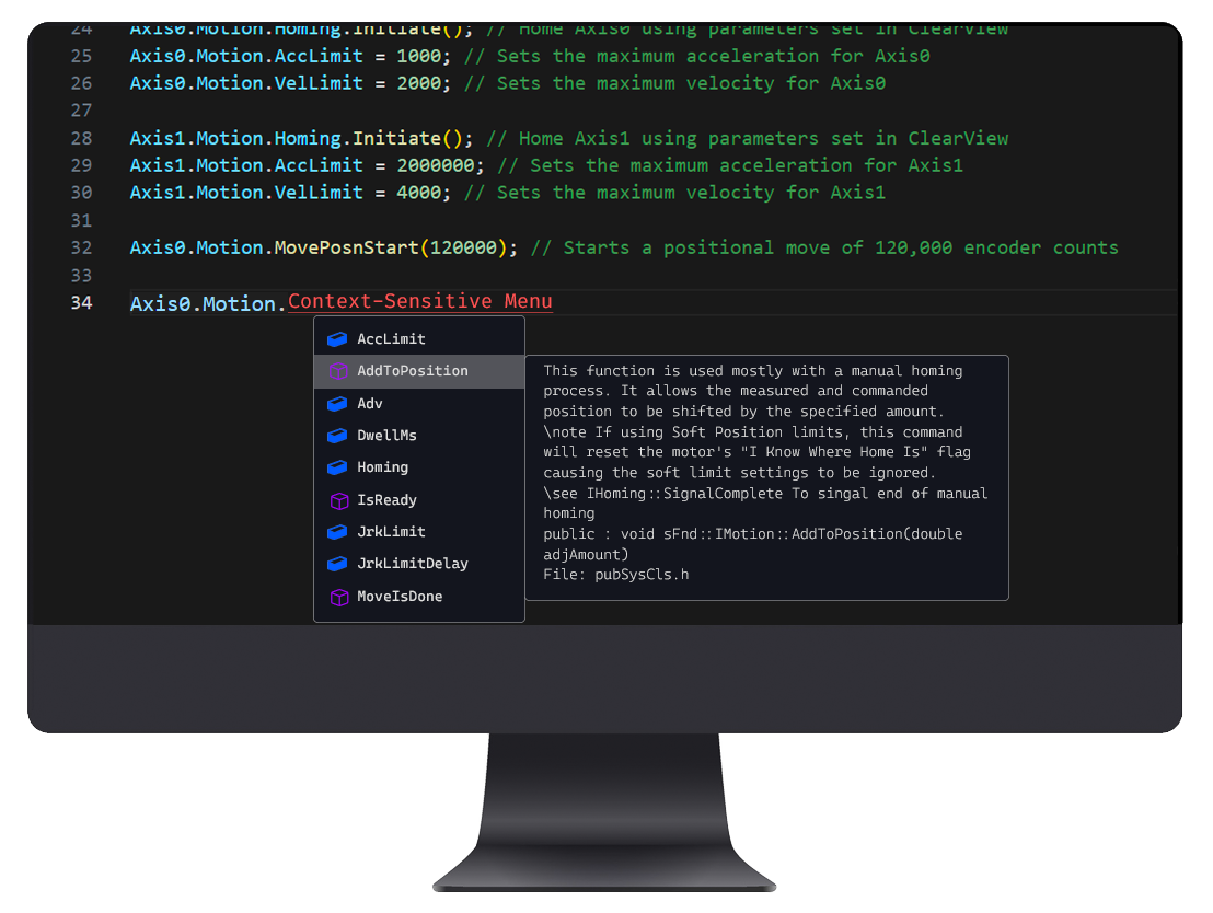ClearPath SC Motor; C++ modern object-oriented programming example; easy coding with context-sensitive commands and help